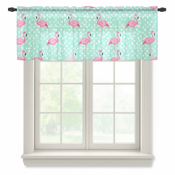 Pink Flamingo Semi Sheer Valance Curtains Cartoon Animal Green Polka Dot Background Voile Valances Curtain Rod Pocket Small Window Treatment for Kitchen Bathroom Cafe 54"x18"