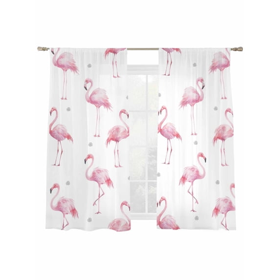 Pink Flamingo Sheer Curtains 2 Panels Set Summer Animal Heart Shape Palm Leaf Farmhouse Sheer Window Curtains Light Filtering Rod Pocket Voile Drapes for Bedroom Living Room 52"X72"