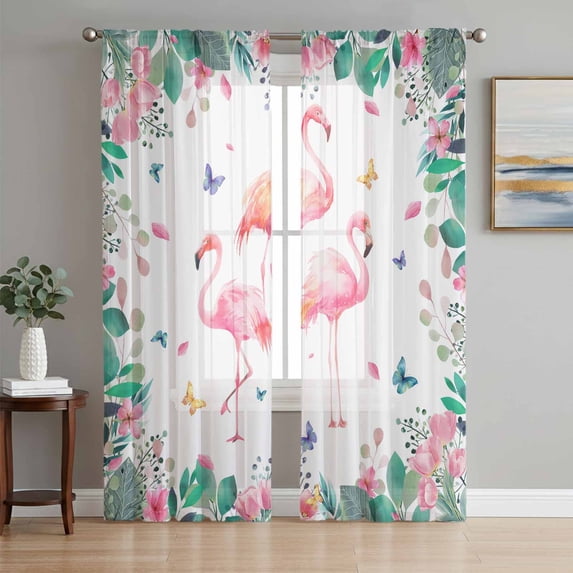 Pink Flamingo Sheer Curtains 96 Inch Length 2 Panels Set, Tropical Botanical Summer Butterfly Flower Voile Window Treatment Semi Sheer Long Curtains Drapes for Bedroom/Living Room/Kitchen 52"x96"x2
