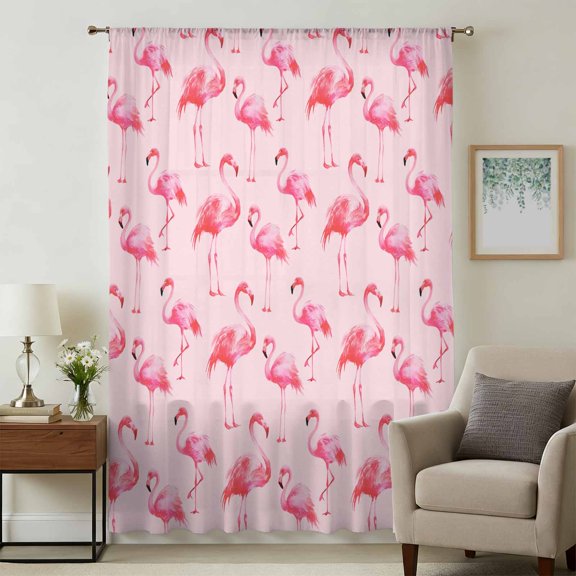 Pink Flamingo Sheer Curtains 96 Inches Long, Summer Animals Light Filering Curtains, Privacy Drapes Simi Floor to Veiling Curtain for Living Room Bedroom Large Window Treatment
