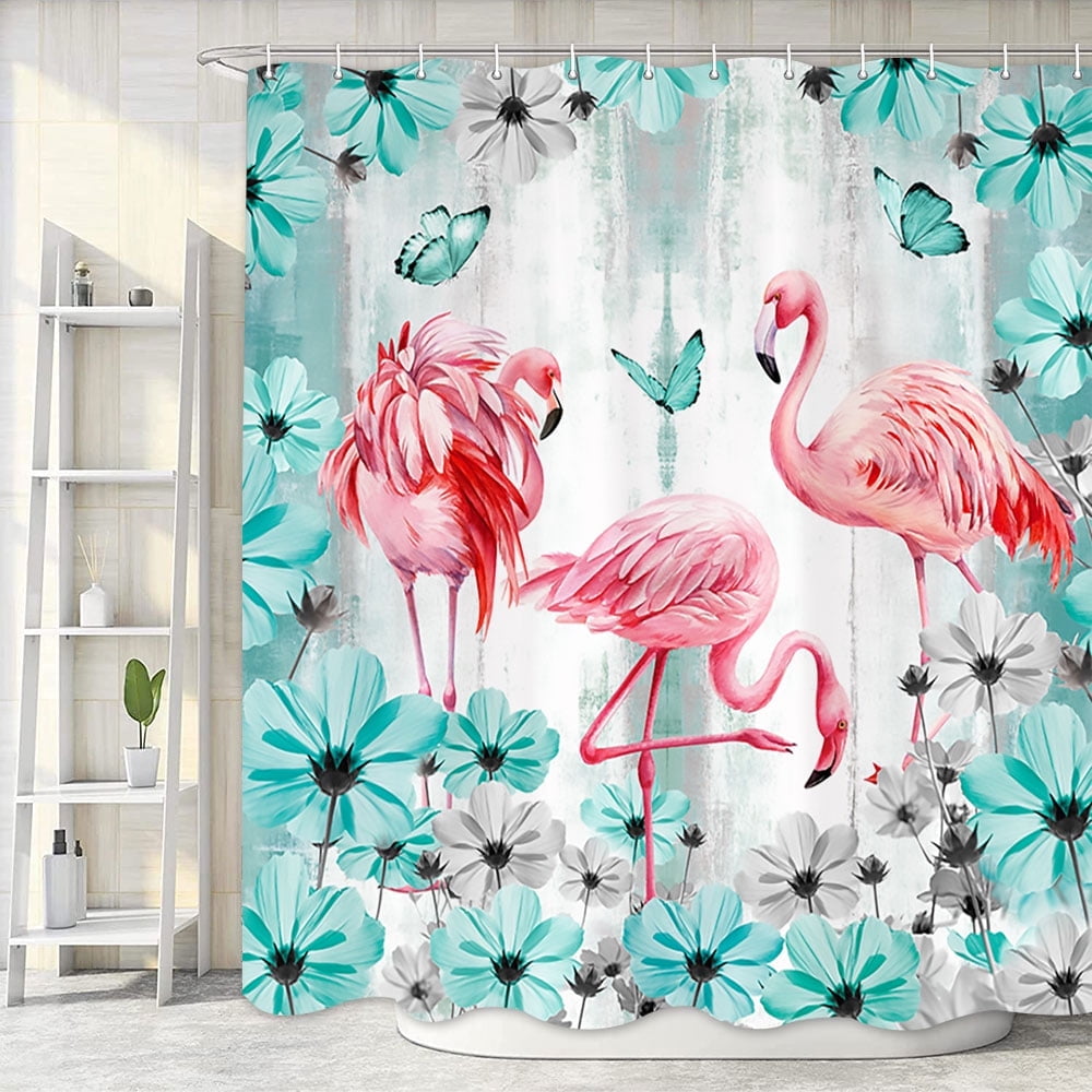 Pink Flamingo Shower Curtain, Rustic Teal Turquoise Farmhouse