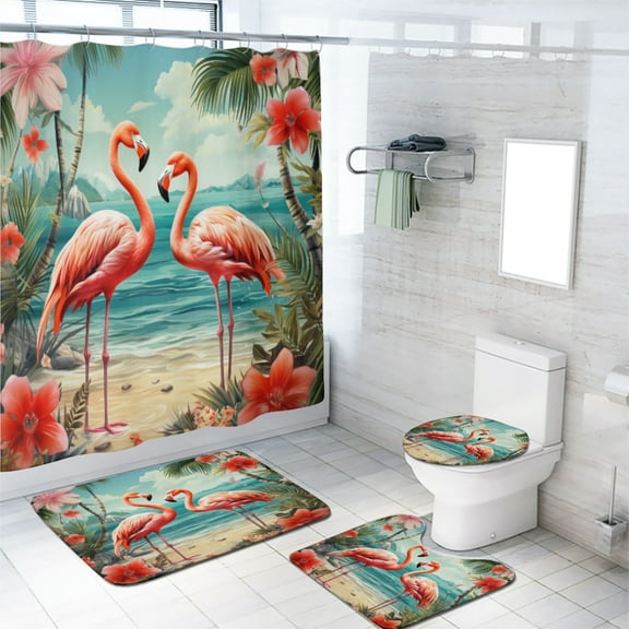 Pink Flamingo Shower Curtain Set with Rugs Tropical Palm Leaf Flowers Beach Romantic with Toilet Lid Cover, Bath Mat, Shower Curtains for Bathroom Rug Set, 72x72 Inch