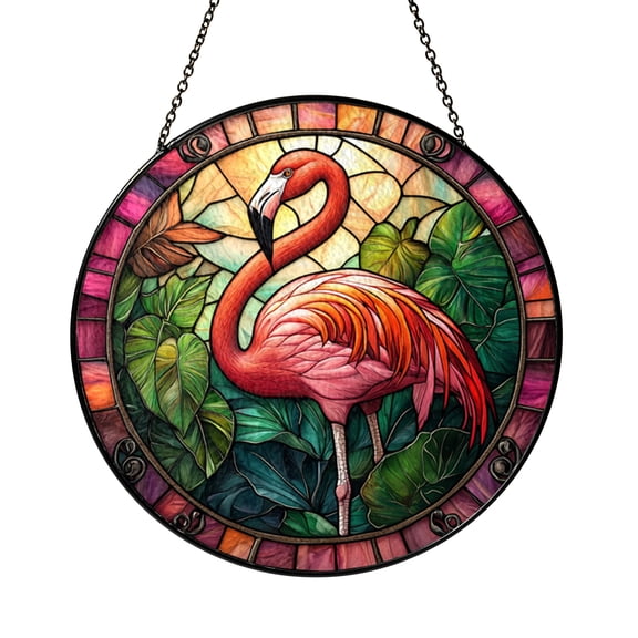 Pink Flamingo Stained Glass Style Window Panel – Tropical Floral Decor