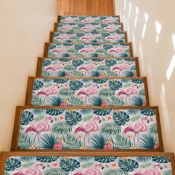 Pink Flamingo Stair Treads Non Slip for Steps Palm Leaf Tropical Botanical Summer Flower Coastal 4 Pcs Reusable Adhesive Stair Runner Mats for Dogs Elders Carpet Treads Rugs for Staircase 8x30 In