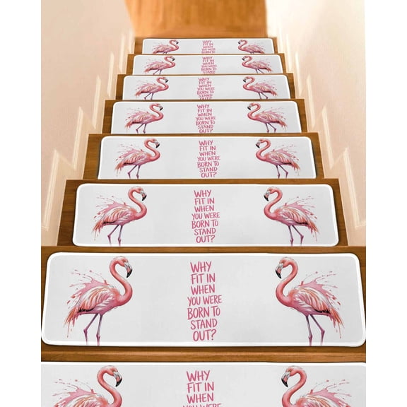 Pink Flamingo Stair Treads for Wooden Steps Indoor Runner Rug Carpet, Summer Animal Gradient Watercolor 4 Pieces Peel and Stick Staircase Step Treads Covers Washable Throw Door Mats, 30"x8"