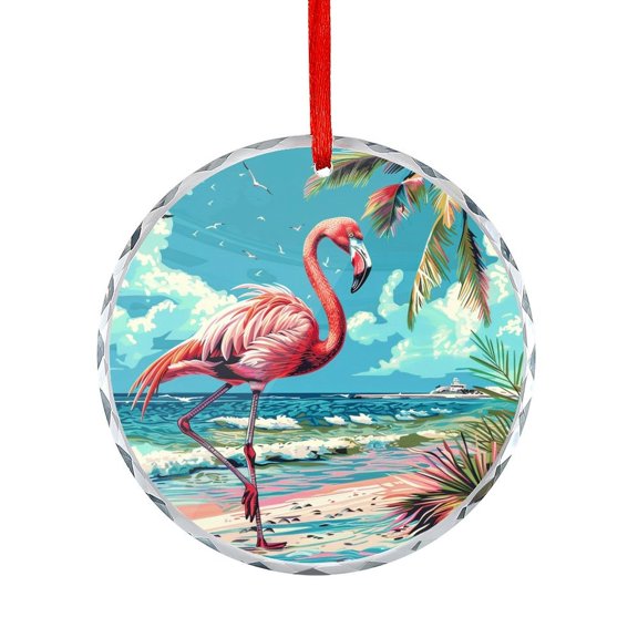 Pink Flamingo Standing on The Beach, with Palm Trees Ornament Pink Bird Christmas Ornaments Crystal Hanging Holiday Home Decor