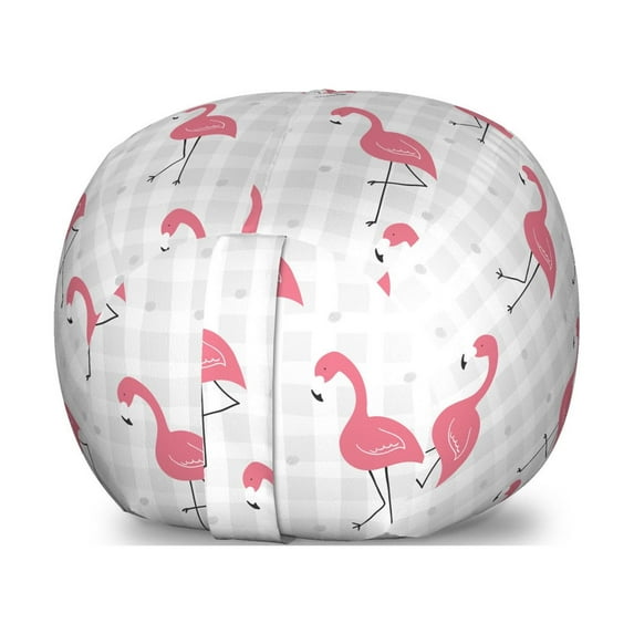 Pink Flamingo Storage Toy Bag Chair, Cartoon Birds on Pastel Colored Checkered Background Wild Nature, Stuffed Animal Organizer Washable Bag, Small Size, Pale Grey Coral Black, by Ambesonne