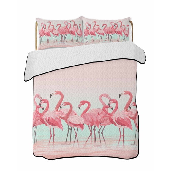 Pink Flamingo Summer Quilt Set King Size,Soft Microfiber Quilted Bedding Set with 2 Pillow Shams,Summer Tropical Flamingo Hawaii Animals Lightweight All Season Bedspread Coverlet for Bedroom 96"x106"