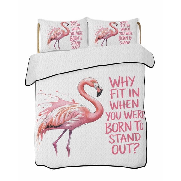 Pink Flamingo Summer Quilt Set Queen Size, Soft Microfiber Quilted Bedding Set with 2 Pillow Shams, Summer Animal Gradient Watercolor Lightweight All Season Bedspread Coverlet for Bedroom 90"x96"