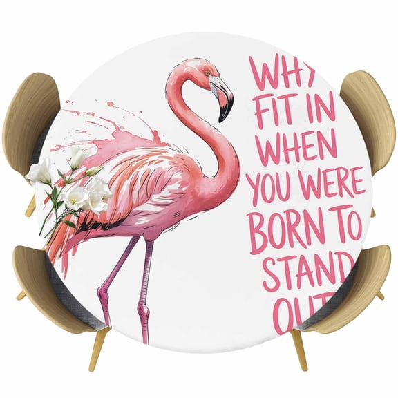 Pink Flamingo Table Cloth, Round Fitted Tablecloths with Elastic Edge, Summer Animal Gradient Watercolor Wipeable Waterproof Table Cover for Kitchen Wedding 36-44 Inches