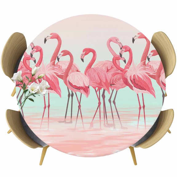 Pink Flamingo Table Cloth, Round Fitted Tablecloths with Elastic Edge, Summer Tropical Flamingo Hawaii Animals Wipeable Waterproof Table Cover for Kitchen Wedding 36-44 Inches