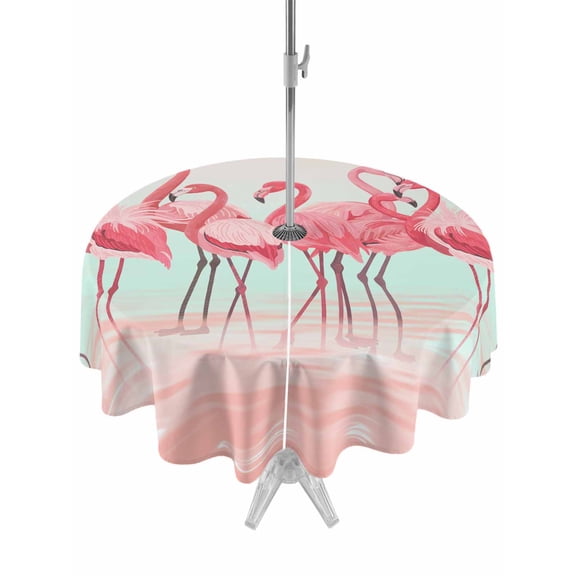 Pink Flamingo Table Cloth Round Tablecloth, Summer Tropical Flamingo Hawaii Animals Waterproof Wrinkleproof Table Cover with Umbrella Hole and Zipper for Party/Dining/Patio/Wedding 54 Inch