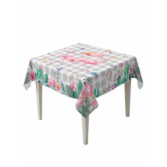 Pink Flamingo Table Cloth, Waterproof Tablecloth for Square Tables, Green Summer Tropical Botanical Grey Plaid Reusable Washable Fabric Table Cover for Restaurant Kitchen Dining Tables 54"x54"