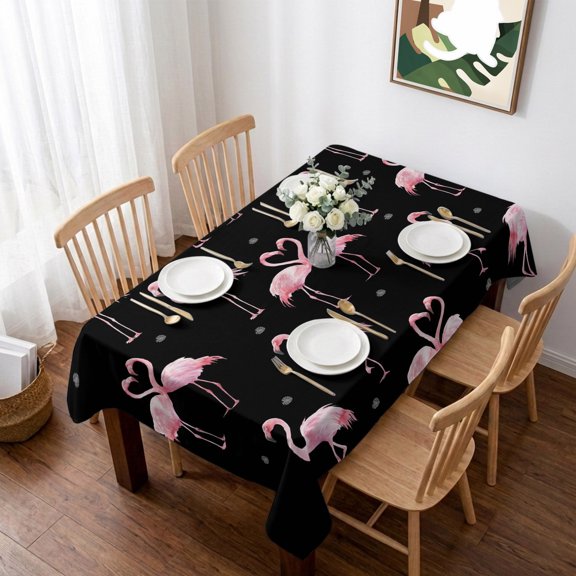 Pink Flamingo Table Cloth Waterproof Tablecloths, Summer Tropical Animals Black Tablecloth Dining Table Cover for Kitchen Party Tabletop Outdoor, Rectangle Tablecloth 60x84 Inch