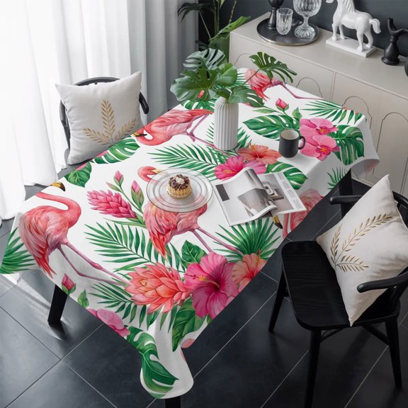Pink Flamingo Table Cloth Waterproof Tablecloths, Summer Tropical Palm Leaves Floral Tablecloth Dining Table Cover for Kitchen Party Tabletop Outdoor, Rectangle Tablecloth 54x108 Inch