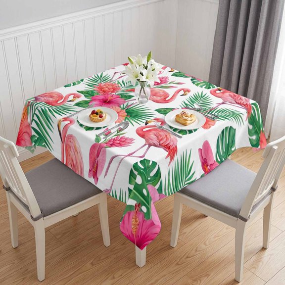 Pink Flamingo Table Cloth Waterproof Tablecloths, Summer Tropical Palm Leaves Floral Tablecloth Dining Table Cover for Kitchen Party Tabletop Outdoor, Square Tablecloth 54x54 Inch