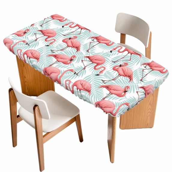 Pink Flamingo Table Cloths for 3 Foot Rectangle Tables, Blue Summer Tropical Plants Leaves Patio Waterproof Elastic Fitted Tablecloths, Washable Rectangular Table Cover for Camping