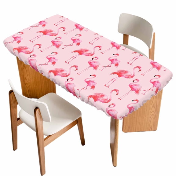Pink Flamingo Table Cloths for 3 Foot Rectangle Tables, Summer Animals Patio Waterproof Elastic Fitted Tablecloths, Washable Rectangular Table Cover for Camping