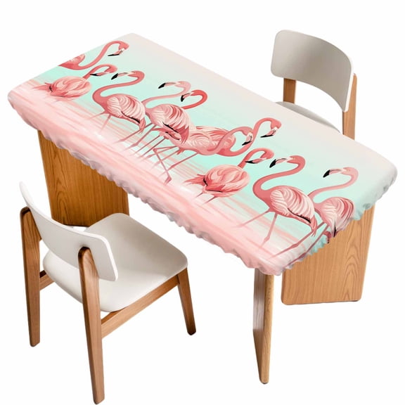 Pink Flamingo Table Cloths for 4 Foot Rectangle Tables, Valentine's Day Birds Lake Animals Patio Waterproof Elastic Fitted Tablecloths, Washable Rectangular Table Cover for Camping