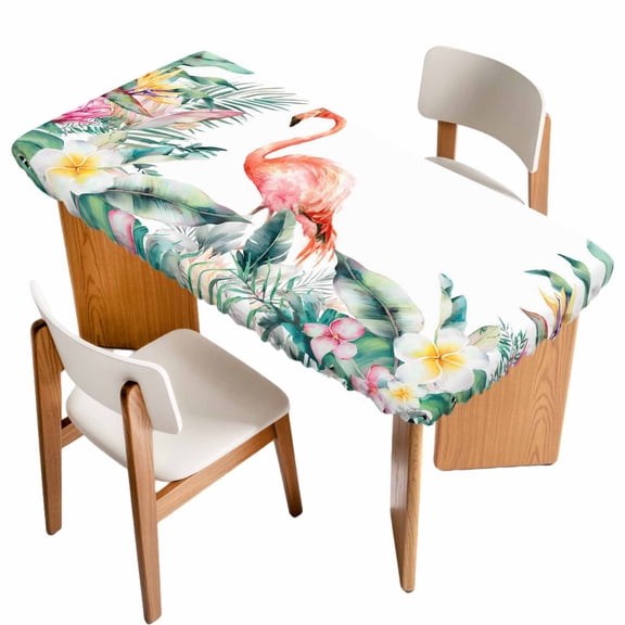 Pink Flamingo Table Cloths for 4 Foot Rectangle Tables, Watercolor Summer Botanical Floral Patio Waterproof Elastic Fitted Tablecloths, Washable Rectangular Table Cover for Camping