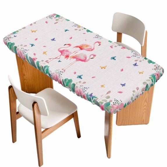 Pink Flamingo Table Cloths for 5 Foot Rectangle Tables, Tropical Botanical Summer Flower Rustic Patio Waterproof Elastic Fitted Tablecloths, Washable Rectangular Table Cover for Camping
