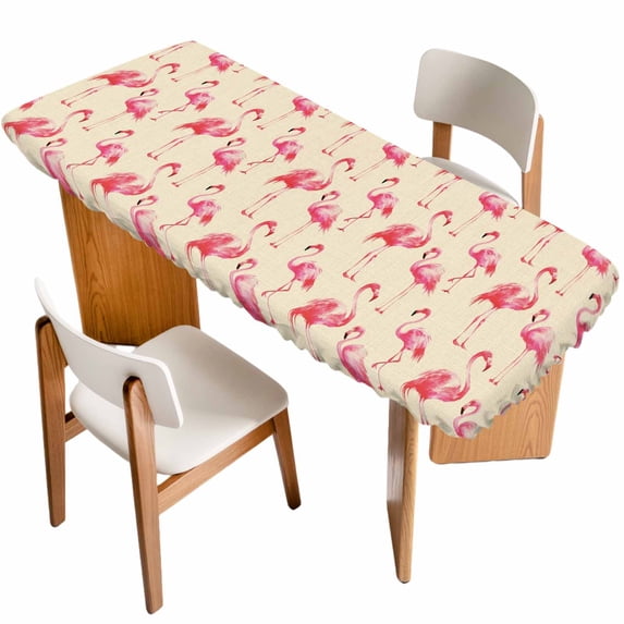 Pink Flamingo Table Cloths for 8 Foot Rectangle Tables, Summer Animals Rustic Patio Waterproof Elastic Fitted Tablecloths, Washable Rectangular Table Cover for Camping