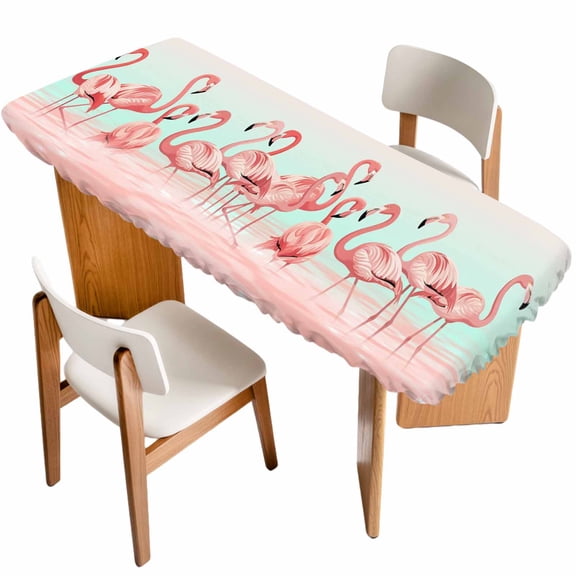 Pink Flamingo Table Cloths for 8 Foot Rectangle Tables, Valentine's Day Birds Lake Animals Patio Waterproof Elastic Fitted Tablecloths, Washable Rectangular Table Cover for Camping