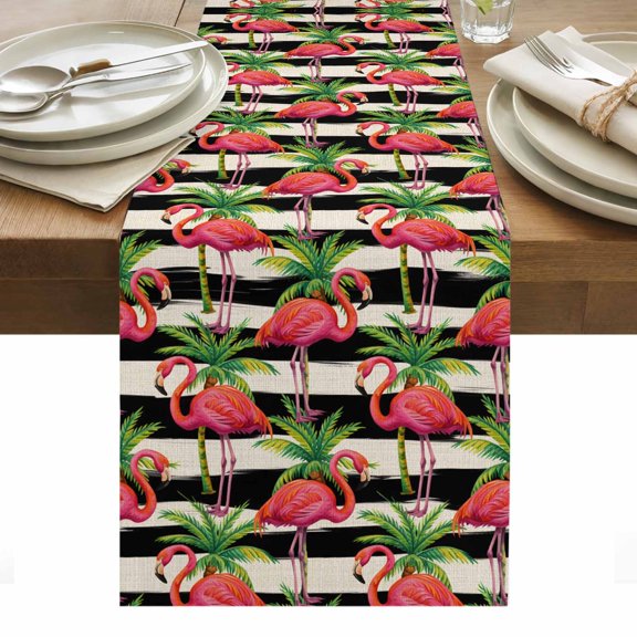 Pink Flamingo Table Runner - 36 Inch Long, Kitchen Dining Table Runner Dresser Scarves, Palm Leaf Black Striped Tropical Plant Farmhouse Decor for Coffee Tables Wedding Party Banquet