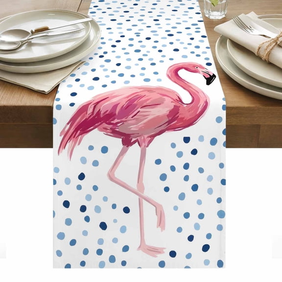 Pink Flamingo Table Runner Blue Polka Dots Tropical Modern Art Tablerunners 13 x 36 Inch, Table Decorations Tabletop Scarf for Summer Gathering Holiday Farmhouse Kitchen Dining Decor