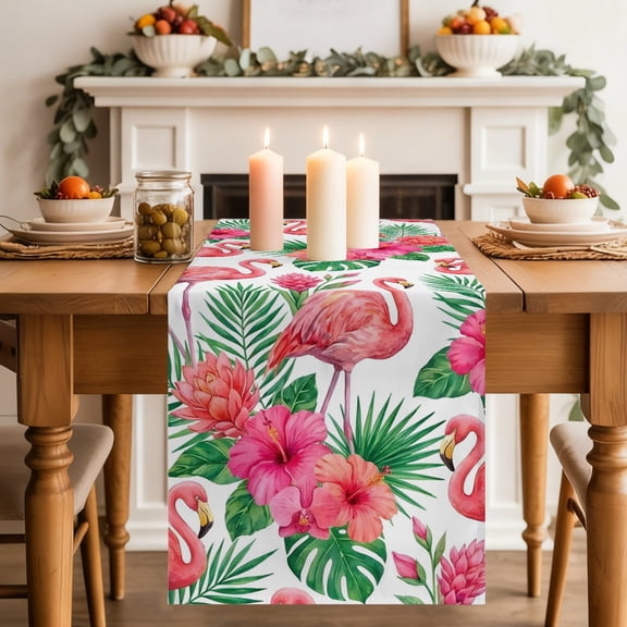 Pink Flamingo Table Runner, Boho Tropical Hibiscus Green Leaf Washable Cotton-linen Table Runners Dining Kitchen Decoration for Everyday Home Wedding Party Decor, 16 x 72 Inch