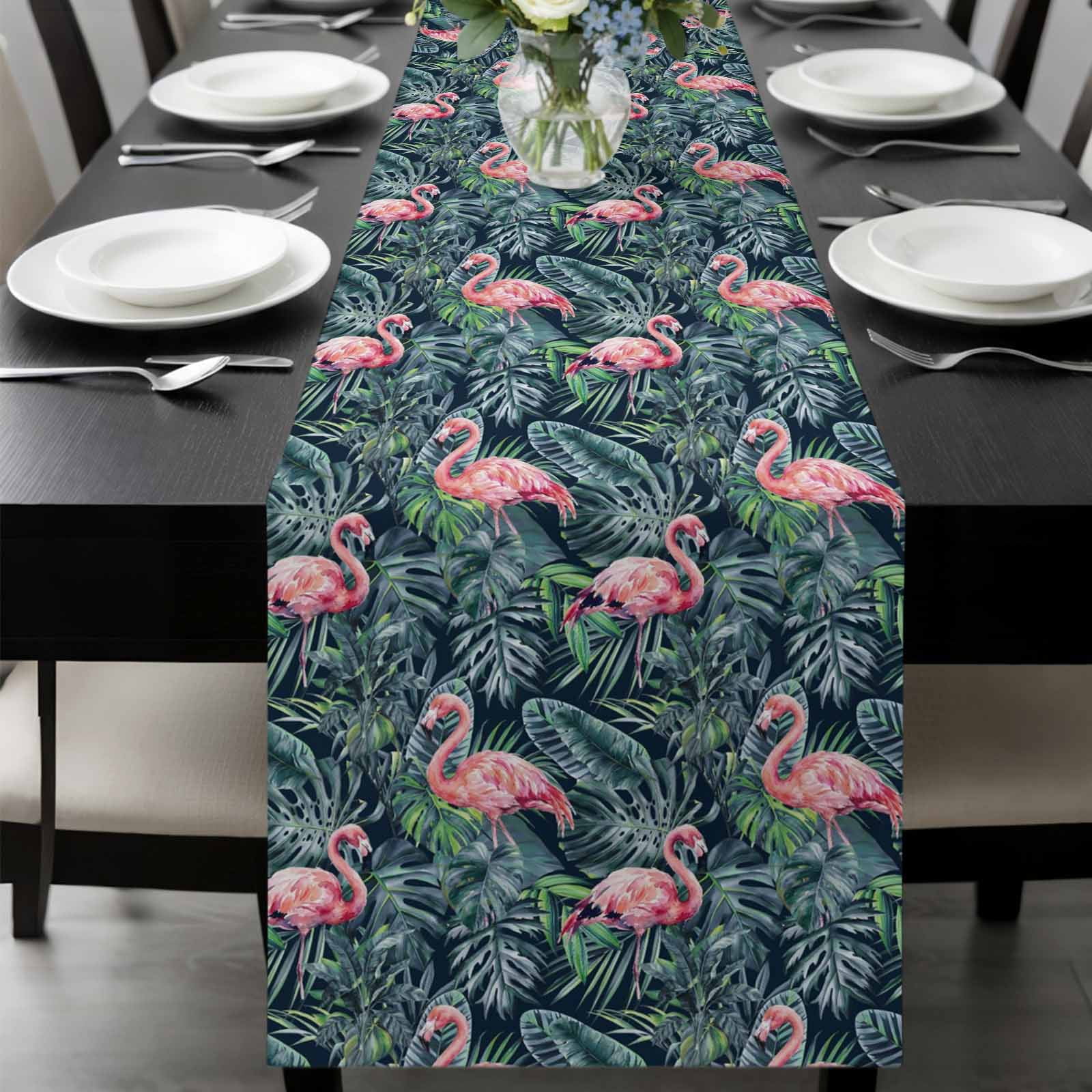 Pink Flamingo Table Runner, Country Tropical Animal Green Monstera Plant Farmhouse Washable Cotton-linen Table Runners Dining Kitchen Decoration for Everyday Home Wedding Party Decor, 13 x 108 Inch