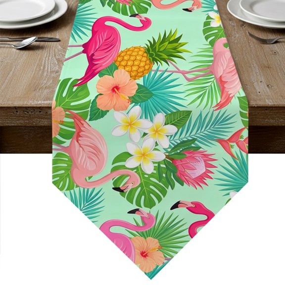 Pink Flamingo Table Runner Linen Burlap Table Runner 120 Inches Long Summer Botanical Tropical Floral Dresser Scarves for Kitchen Island Coffee Dining Room Party Wedding Holiday Decoration 13"x120"