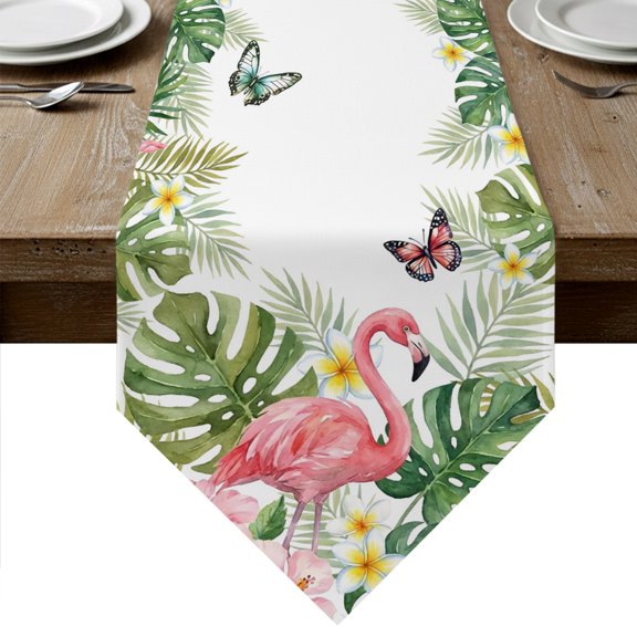 Pink Flamingo Table Runner Linen Burlap Table Runner 36 Inches Small Summer Tropical Palm Leaves Floral Butterfly Dresser Scarves for Kitchen Island Coffee Dining Room Party Holiday Decor 13"x36"