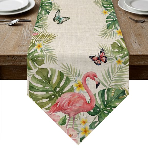 Pink Flamingo Table Runner Linen Burlap Table Runner 60 Inches Long Summer Tropical Palm Leaves Floral Rustic Dresser Scarves for Kitchen Island Coffee Dining Room Party Wedding Holiday Decor 13"x60"