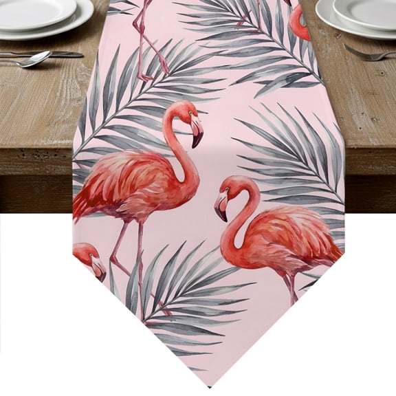 Pink Flamingo Table Runner Linen Burlap Table Runner 72 Inches Long Summer Tropical Palm Leaves Elegant Dresser Scarves for Kitchen Island Coffee Dining Room Party Wedding Holiday Decoration 13"x72"
