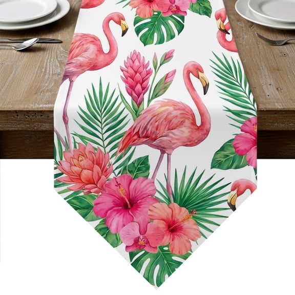 Pink Flamingo Table Runner Linen Burlap Table Runner 72 Inches Long Summer Tropical Palm Leaves Floral Dresser Scarves for Kitchen Island Coffee Dining Room Party Wedding Holiday Decoration 18"x72"