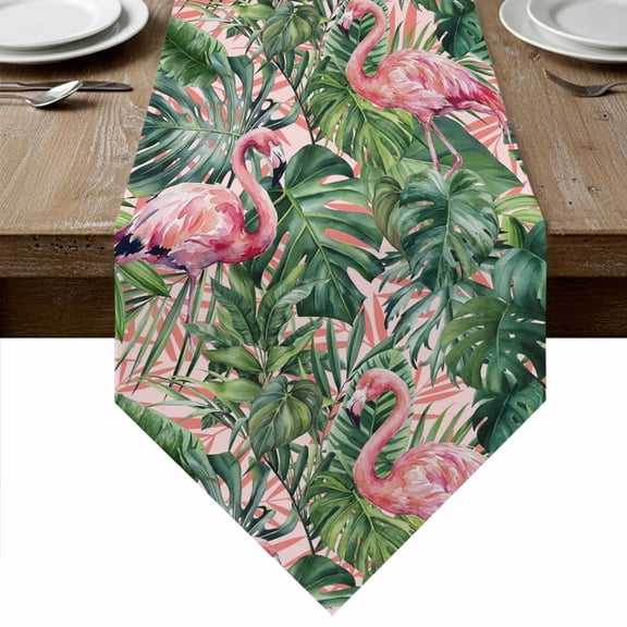 Pink Flamingo Table Runner Linen Burlap Table Runner 90 Inches Long Summer Tropical Watercolor Plants Green Leaves Dresser Scarves for Kitchen Island Coffee Dining Room Party Holiday Decor 13"x90"