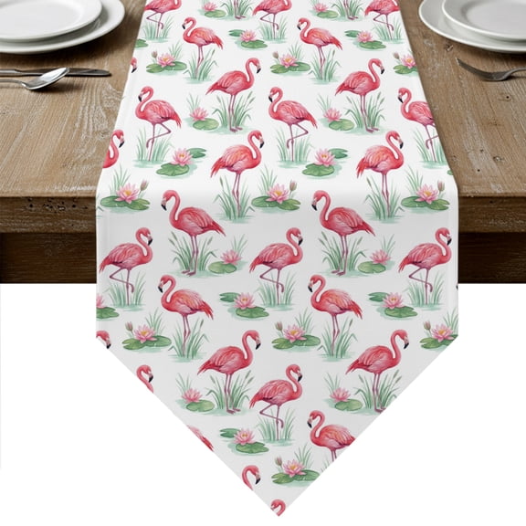 Pink Flamingo Table Runner Linen Burlap Table Runner 90 Inches Long Summer Watercolor Tropical Flowers Plant Dresser Scarves for Kitchen Island Coffee Dining Room Party Wedding Holiday Decor 13"x90"