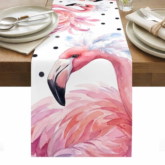 Pink Flamingo Table Runner Modern Art Tropical Black Polka Dots Tablerunners 13 x 48 Inch, Table Decorations Tabletop Scarf for Summer Gathering Holiday Farmhouse Kitchen Dining Decor