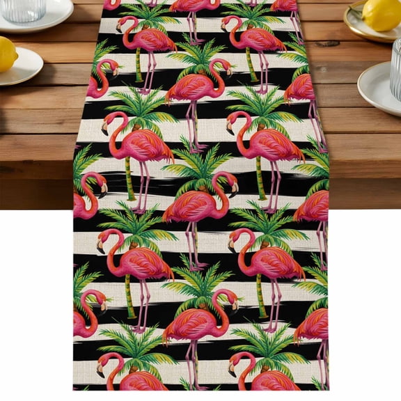 Pink Flamingo Table Runner, Palm Leaf White Black Striped Vintage Cotton Linen Table Cloth, Tablerunner for Kitchen Dining Party Wedding Home Decor 13x48 Inch
