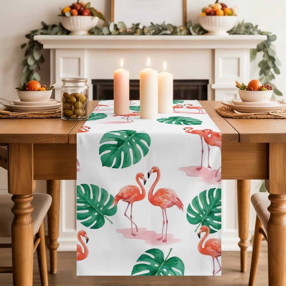Pink Flamingo Table Runner, Summer Animals Tropical Green Palm Leaf Birds Washable Cotton-linen Table Runners Dining Kitchen Decoration for Everyday Home Wedding Party Decor, 13 x 36 Inch