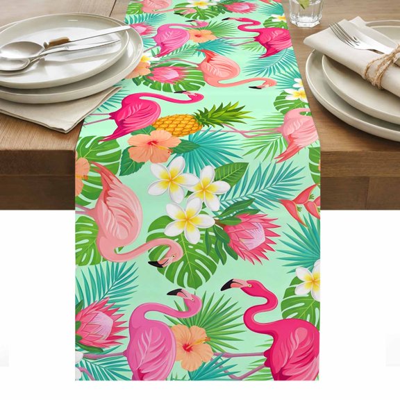Pink Flamingo Table Runner Summer Botanical Tropical Floral Tablerunners 13 x 70 Inch, Table Decorations Tabletop Scarf for Summer Gathering Holiday Farmhouse Kitchen Dining Decor