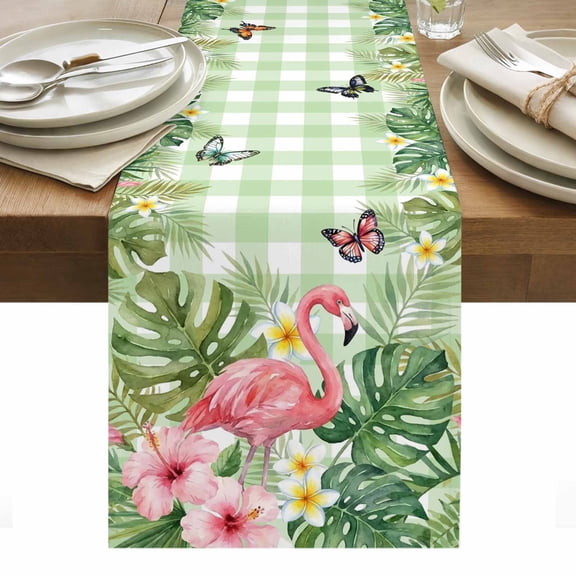 Pink Flamingo Table Runner Summer Tropical Palm Leaf Floral Green Plaid Tablerunners 13 x 70 Inch, Table Decorations Tabletop Scarf for Summer Gathering Holiday Farmhouse Kitchen Dining Decor