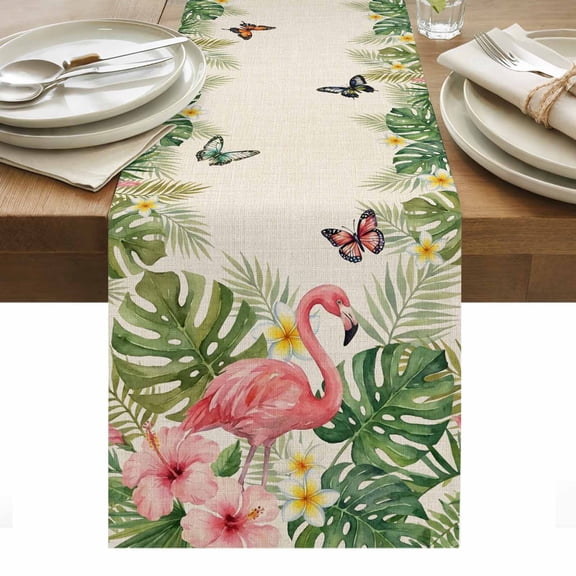 Pink Flamingo Table Runner Summer Tropical Palm Leaves Floral Rustic Tablerunners 13 x 72 Inch, Table Decorations Tabletop Scarf for Summer Gathering Holiday Farmhouse Kitchen Dining Decor