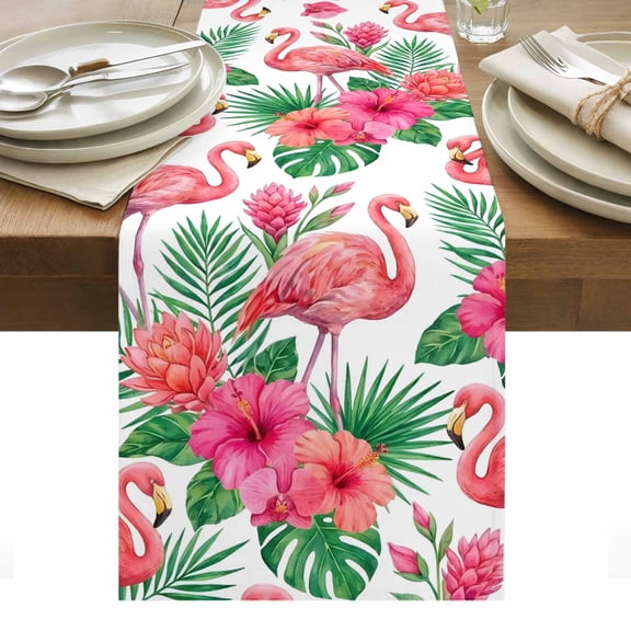 Pink Flamingo Table Runner Summer Tropical Palm Leaves Floral Tablerunners 13 x 108 Inch, Table Decorations Tabletop Scarf for Summer Gathering Holiday Farmhouse Kitchen Dining Decor