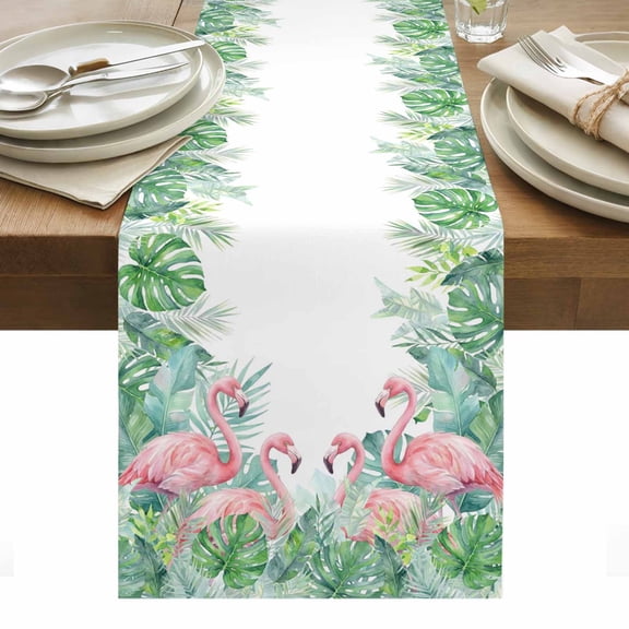 Pink Flamingo Table Runner Summer Tropical Palm Leaves Modern Tablerunners 18 x 72 Inch, Table Decorations Tabletop Scarf for Summer Gathering Holiday Farmhouse Kitchen Dining Decor