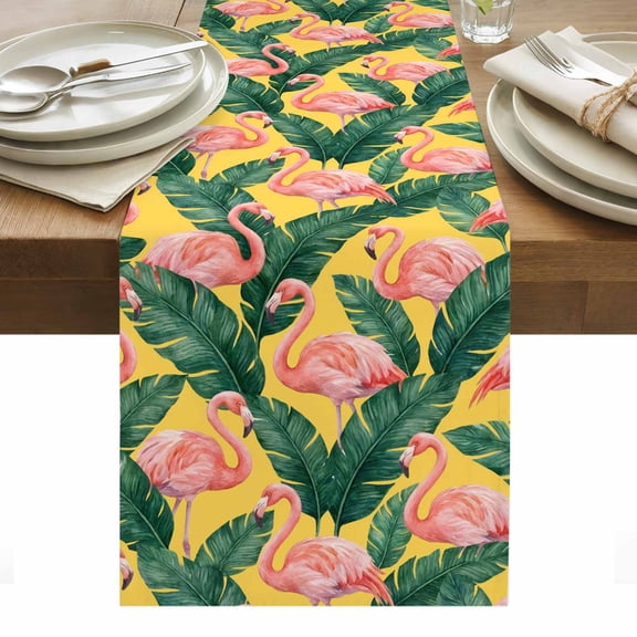 Pink Flamingo Table Runner Vintage Summer Tropical Leaves Yellow Tablerunners 13 x 36 Inch, Table Decorations Tabletop Scarf for Summer Gathering Holiday Farmhouse Kitchen Dining Decor