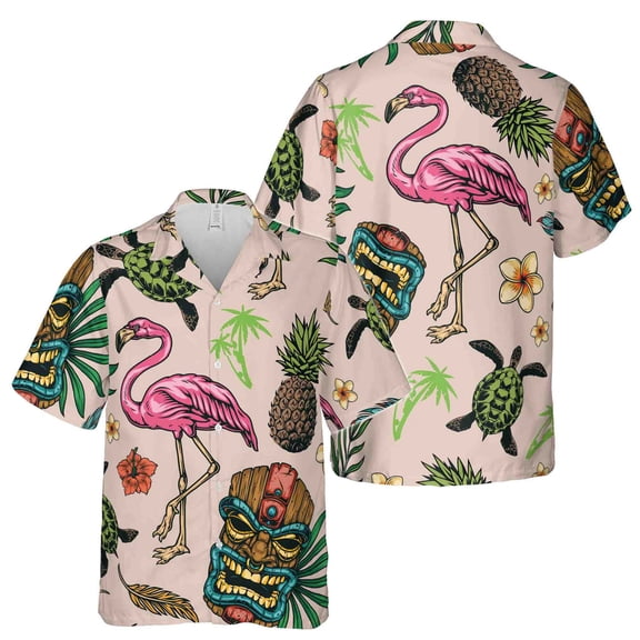 Pink Flamingo Tiki Masks Turtle Aloha Short Sleeve Hawaiian Shirt Size S-5XL