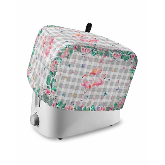 Pink Flamingo Toaster Cover 2 Slice, Small Kitchen Appliance Covers, Green Summer Tropical Botanical Grey Plaid Toaster Oven Cover with Loop, Bread Machine Cover Polyester Dust Cover Protection