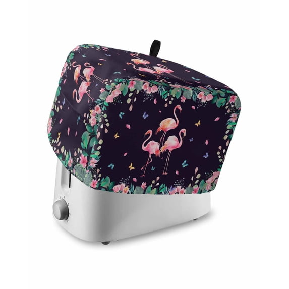 Pink Flamingo Toaster Cover 4 Slice, Large Kitchen Appliance Covers, Green Summer Tropical Botanical Black Toaster Oven Cover with Loop, Bread Machine Cover Polyester Dust Cover Protection